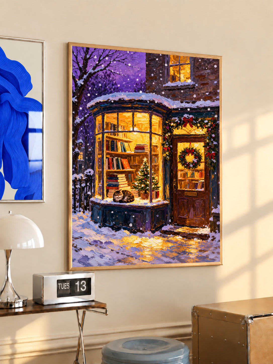 Oak-framed Christmas bookshop print with a cat in the window and holiday wreath