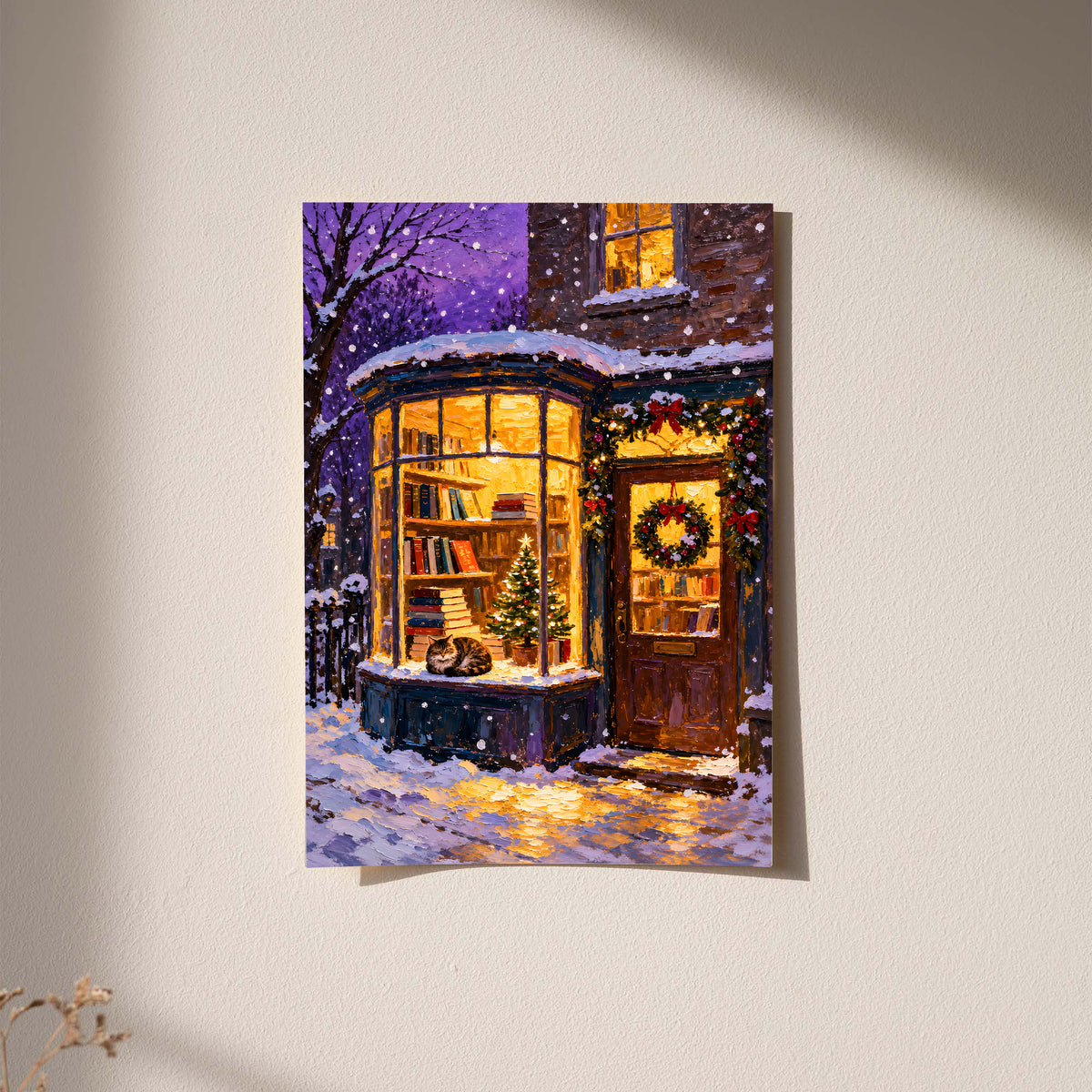 Christmas bookshop art print with a cat in the window, snow and a decorated tree