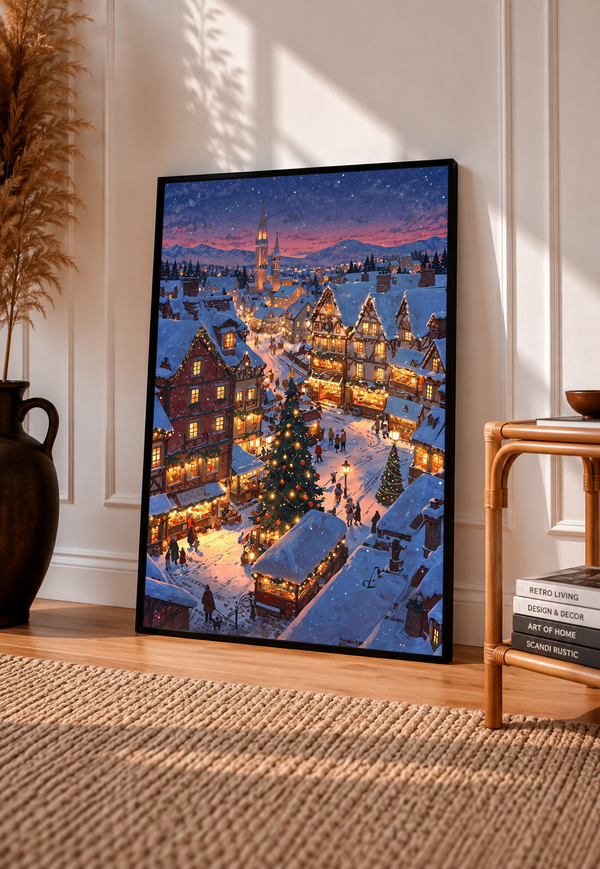 Black-framed winter village wall print with glowing lights and snowy roofs
