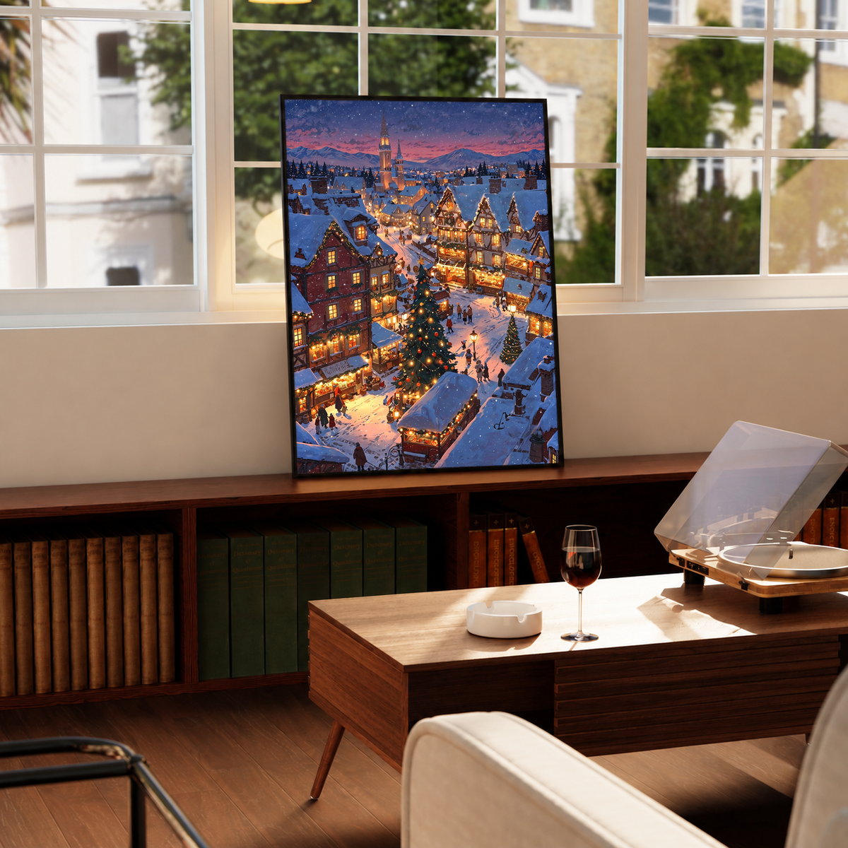 Small framed winter town wall print with glowing houses and snow-covered streets