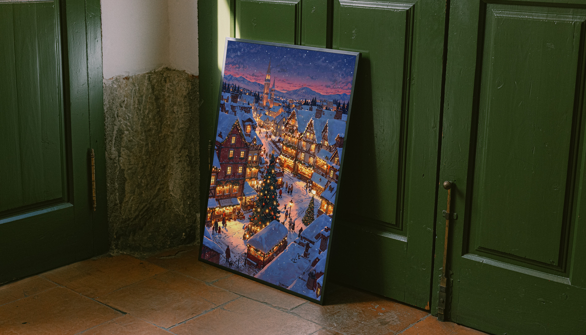 Framed snowy village wall print with glowing lights, against dark green doors