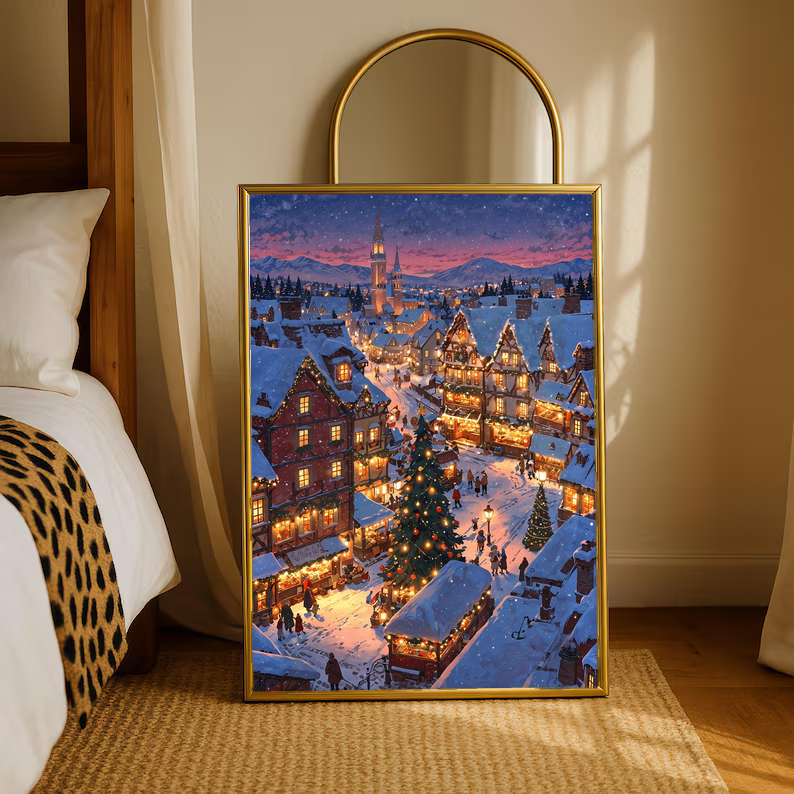 Gold-framed winter village wall print with glowing lights and snow-covered roofs