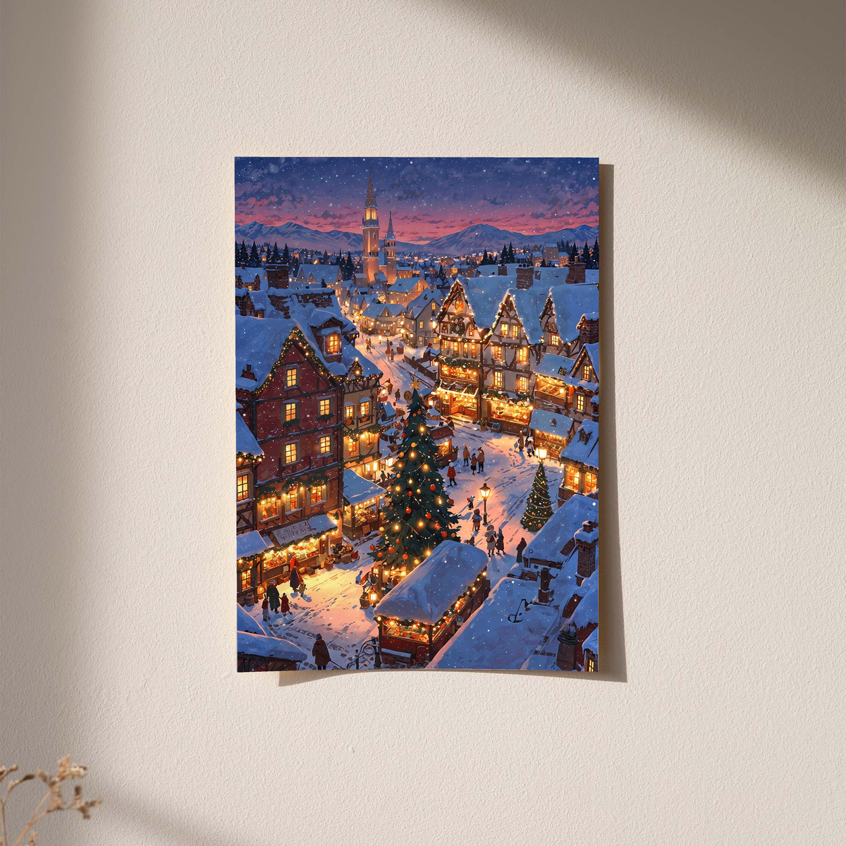 Unframed snowy village wall print with glowing buildings and twilight sky