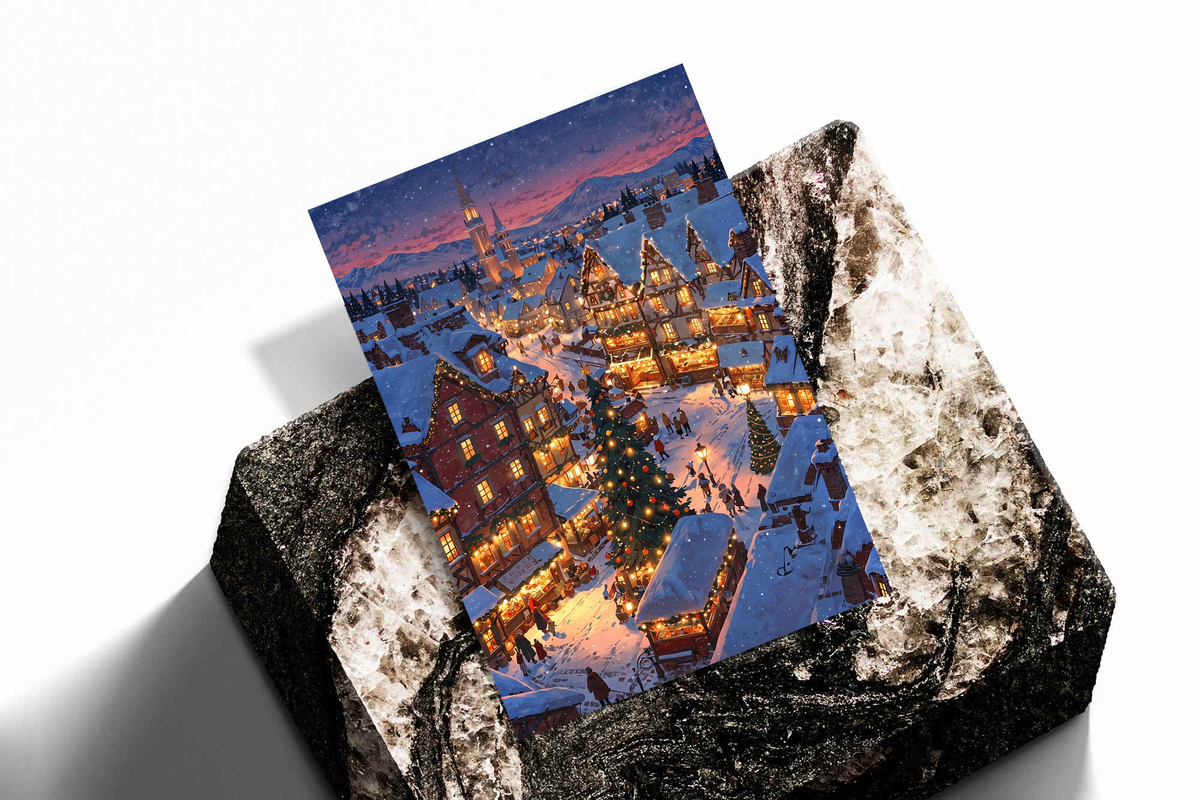 Snowy town print on textured blocks with glowing lights and snowy rooftops