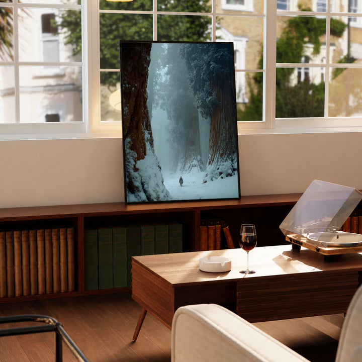 Black-framed winter forest print leaning on a table by large windows