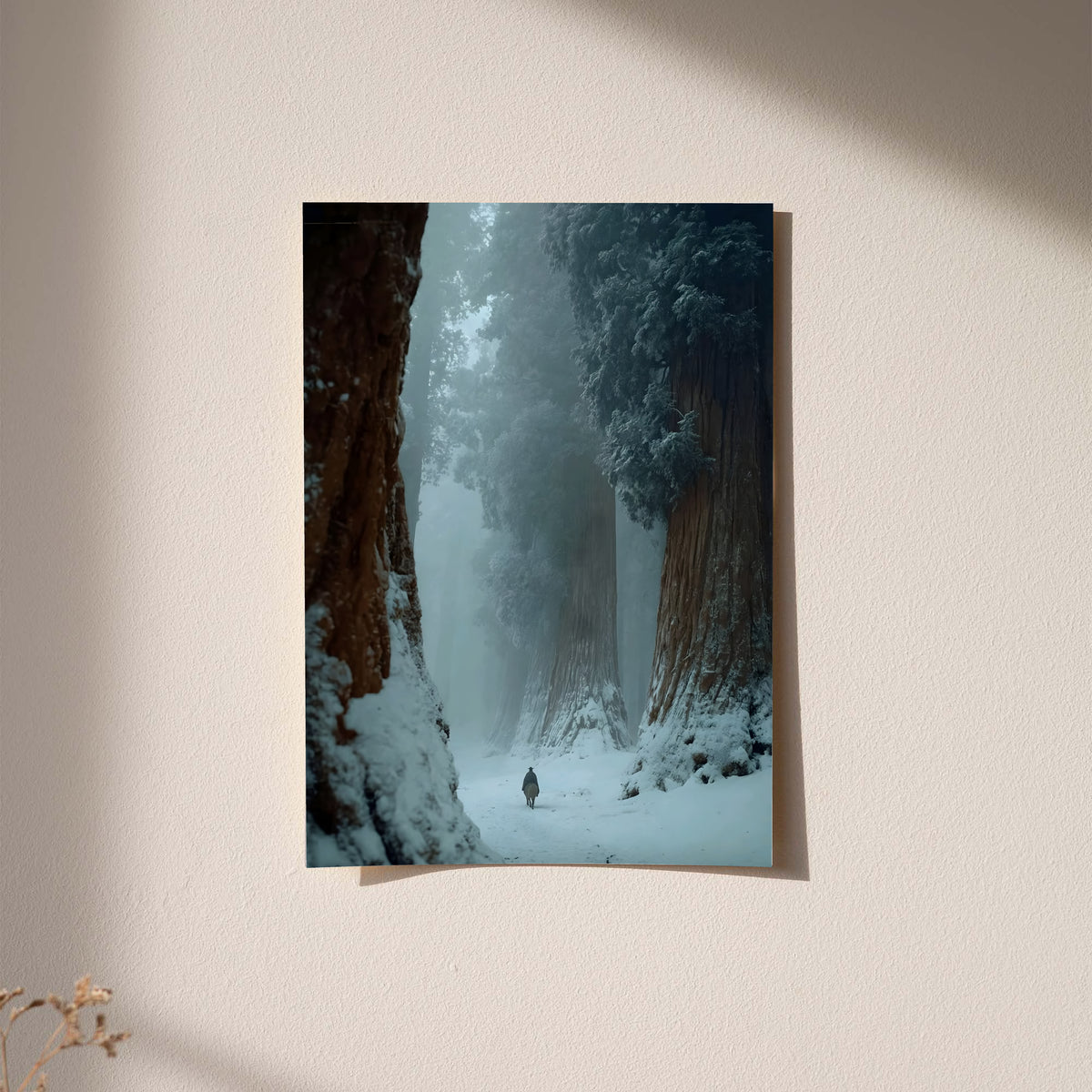 Winter forest print of snowy path between tall dark trees, bordered on white