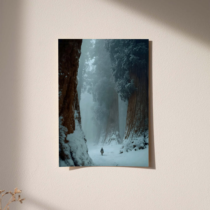 Winter forest print of snowy path between tall dark trees, bordered on white