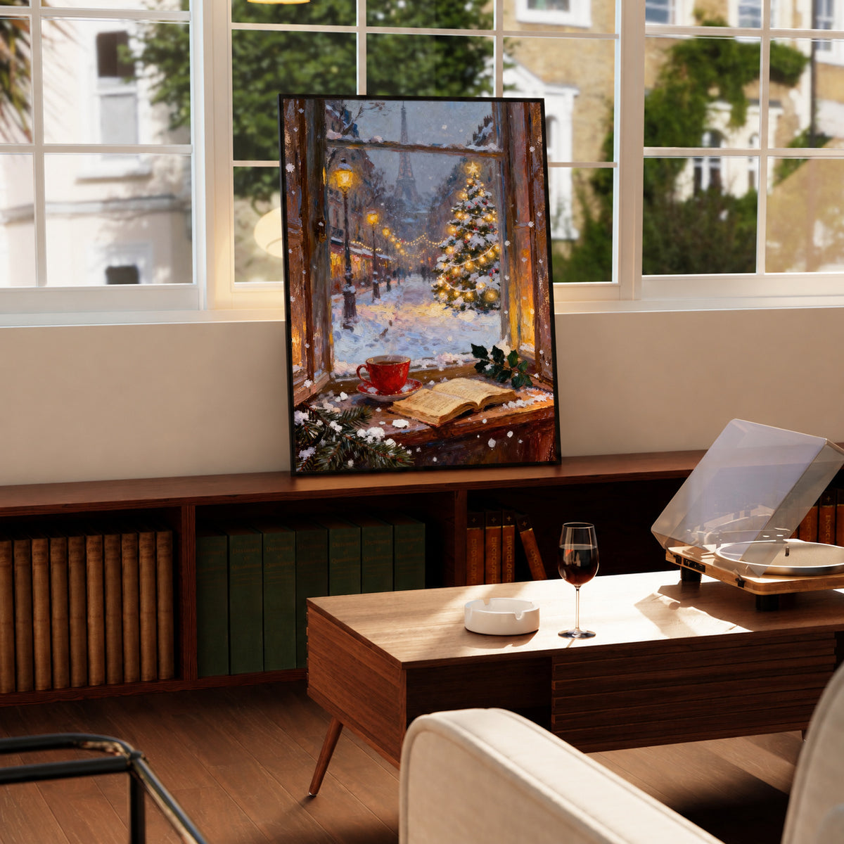 Framed winter Paris window art print on table, showing glowing Christmas tree in snow