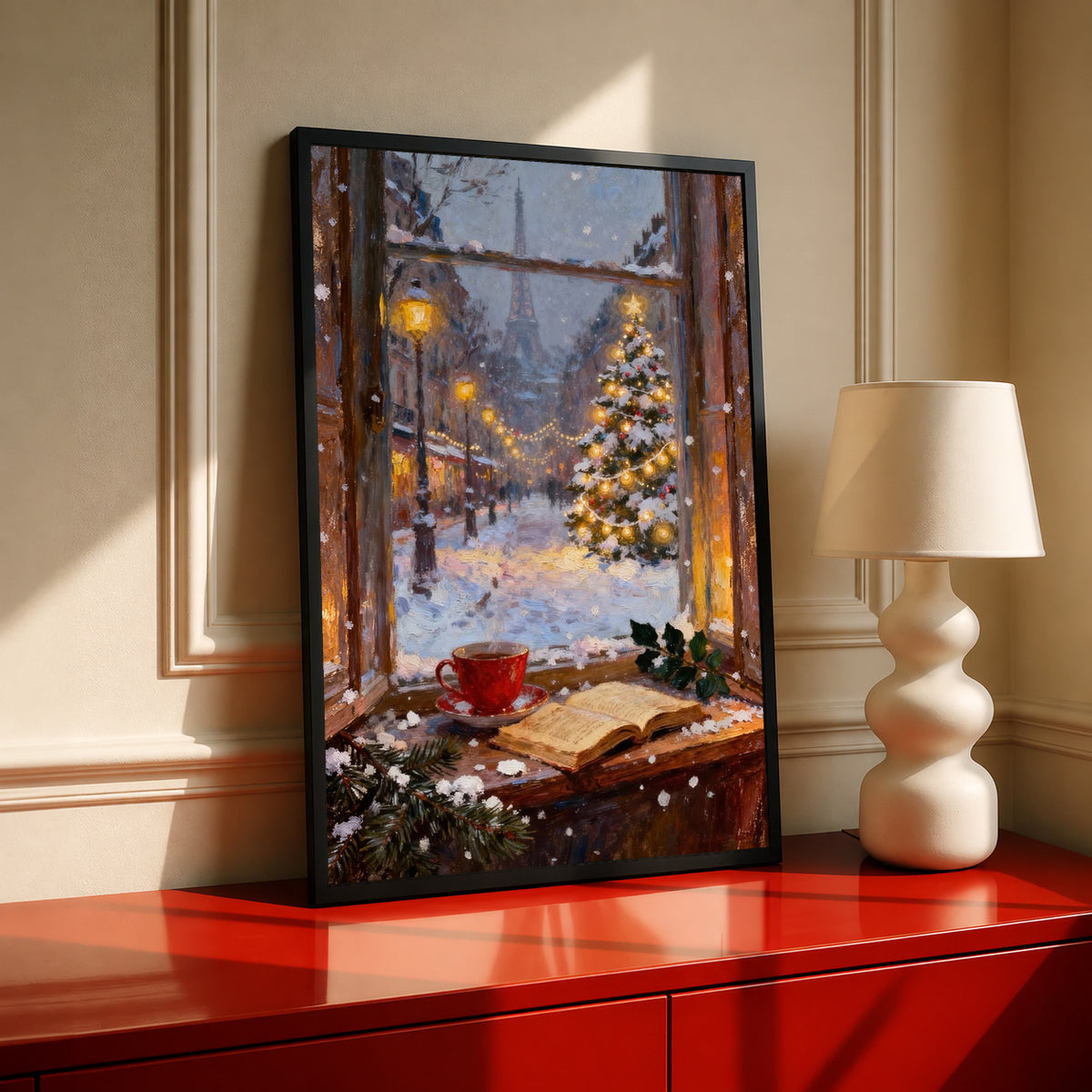 Framed winter Paris window art print featuring a glowing Christmas tree and snowy street