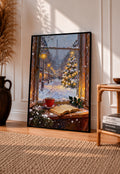Framed winter Paris window art print with lit Christmas tree, garland, and snow scene