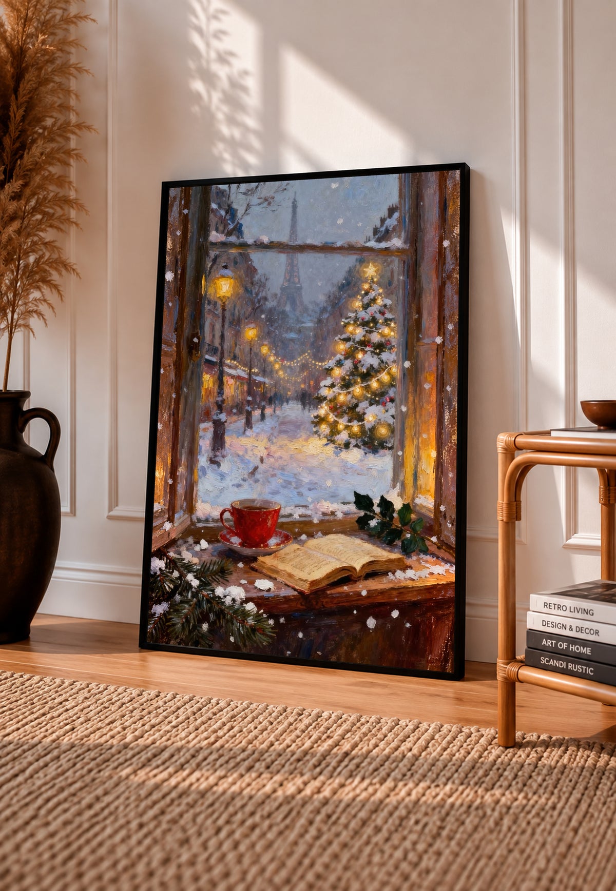Framed winter Paris window art print with lit Christmas tree, garland, and snow scene
