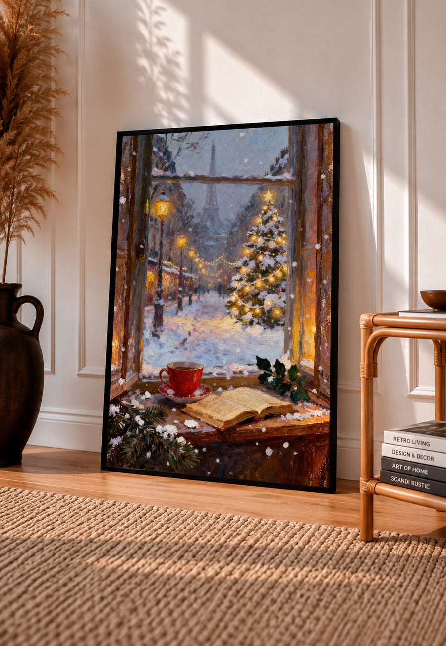 Framed winter Paris window art print with lit Christmas tree, garland, and snow scene