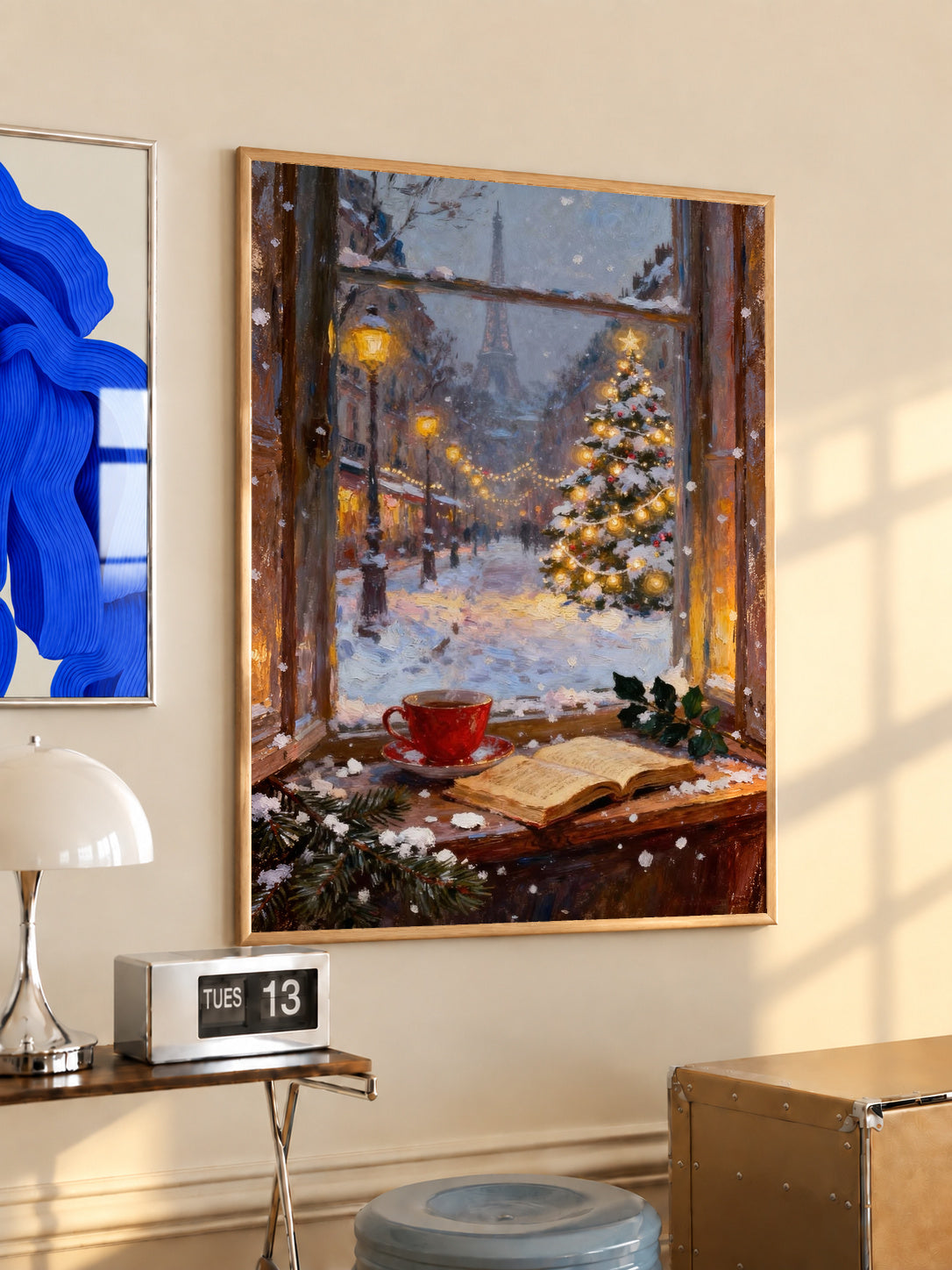 Framed winter Paris window art print with lit Christmas tree, ornaments, and snowy doorway