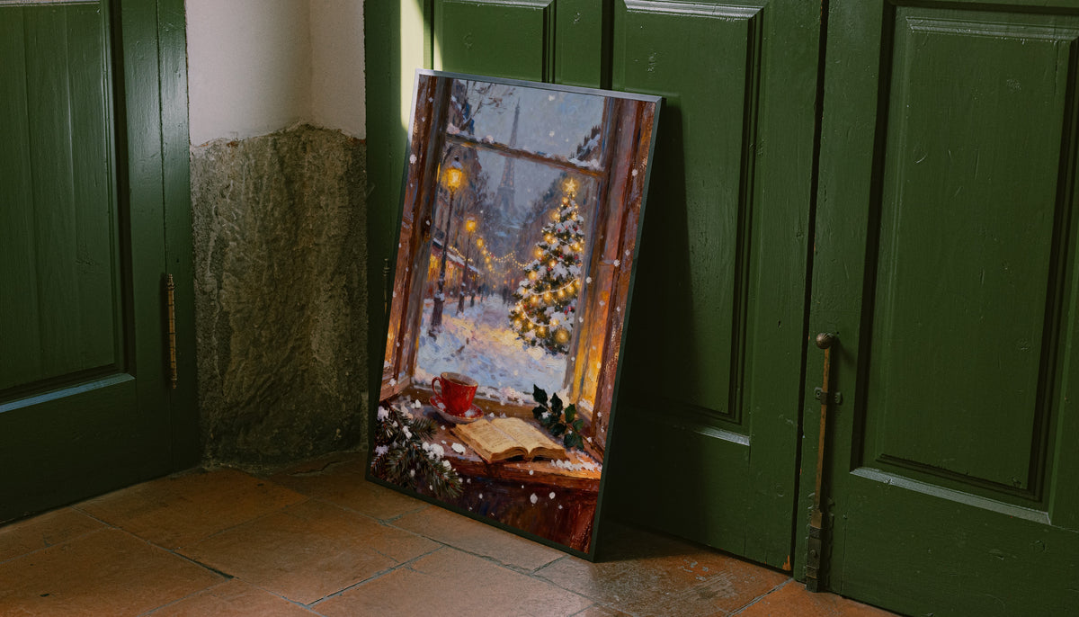 Framed winter Paris window art print with warm lights and a decorated Christmas tree