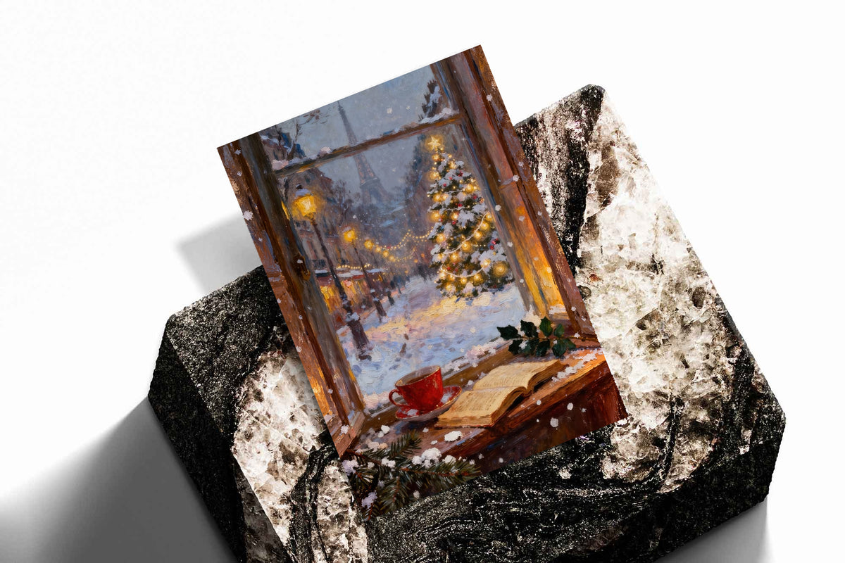 Framed winter Paris window art print on textured base, showing lit Christmas tree and snow