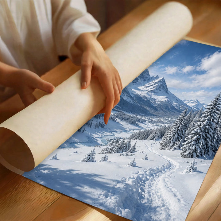 Snowy Alpine Valley Art Print shown as an unframed poster with detailed snow covered mountain scenery