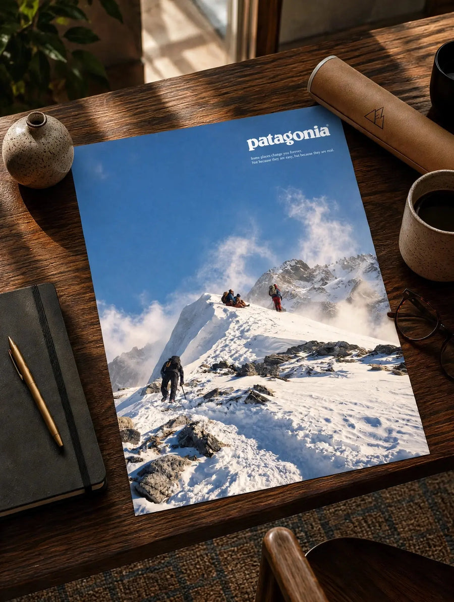 Snow Peak wall art print with hikers on snowy ridge under blue sky, Patagonia logo