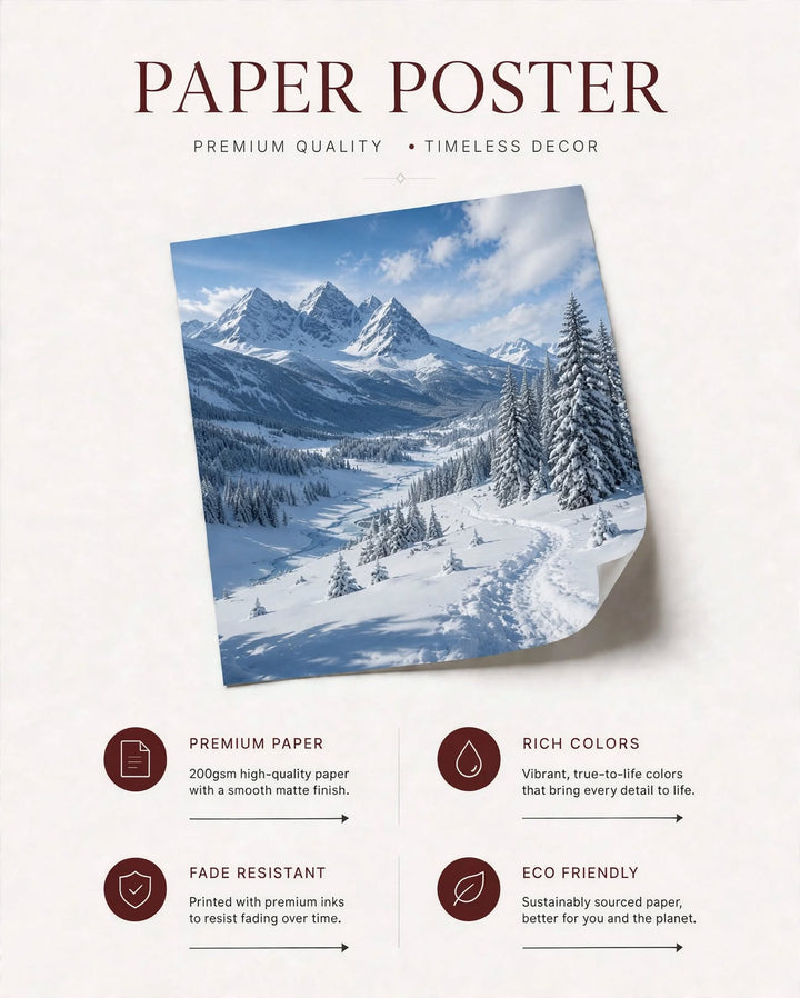 Snowy Alpine Valley Art Print with cool blue tones, snowy peaks and scenic alpine landscape details