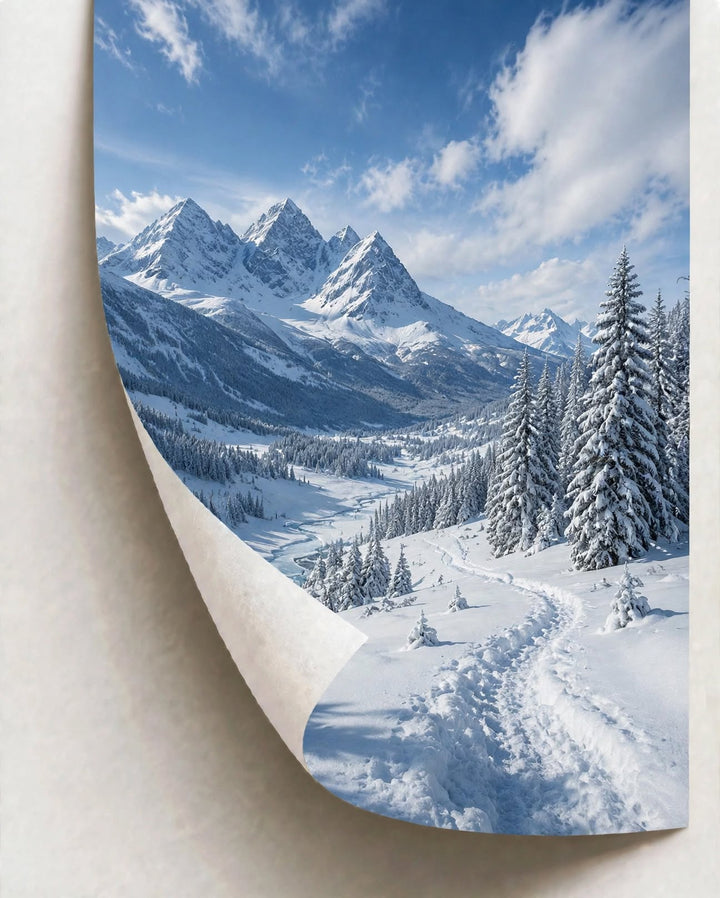 Snowy Alpine Valley Art Print styled with natural wood decor for a calm nature inspired interior