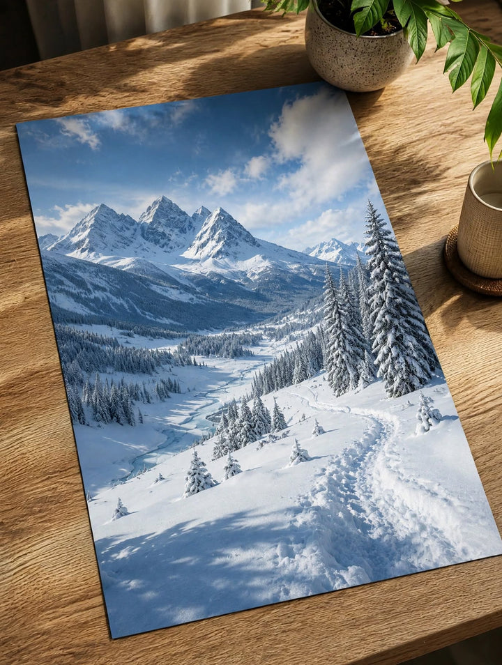 Snowy Alpine Valley Art Print featuring evergreen trees surrounded by expansive white alpine terrain