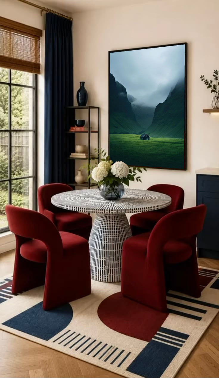 Framed mountain valley landscape print with green slopes and low mist