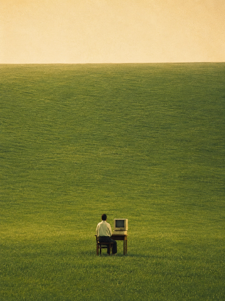 Solitary Listener Green Field Art Print featuring a lone headphone-wearing figure in a soft green landscape