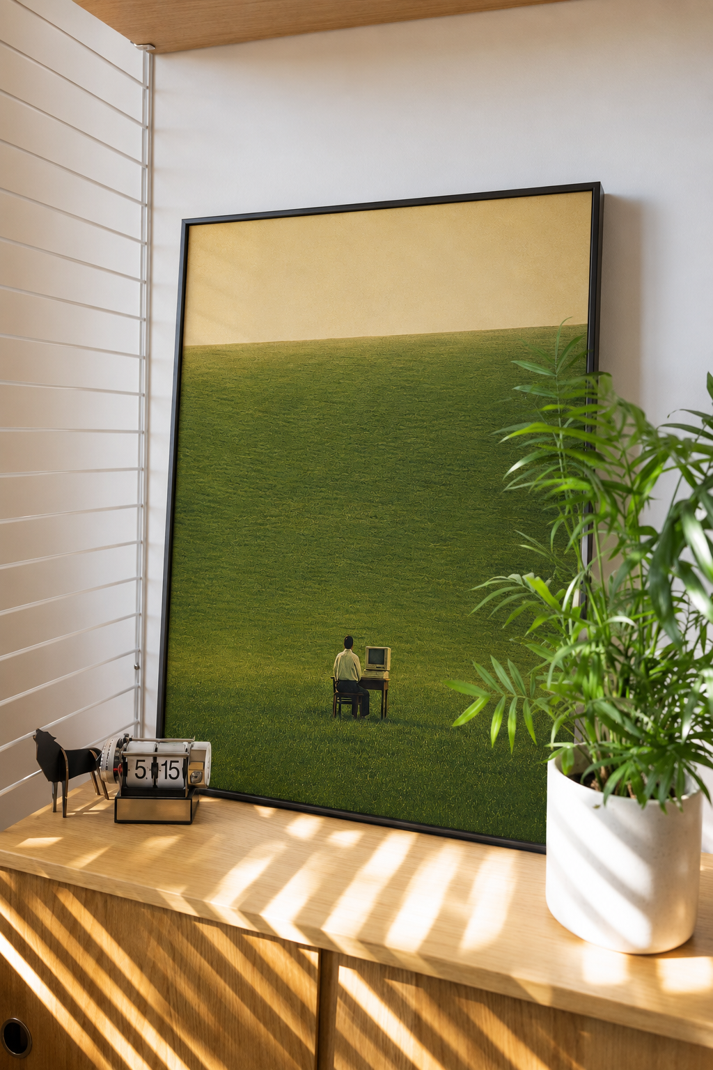 Solitary Listener Green Field Art Print displayed in a serene modern interior with natural decor