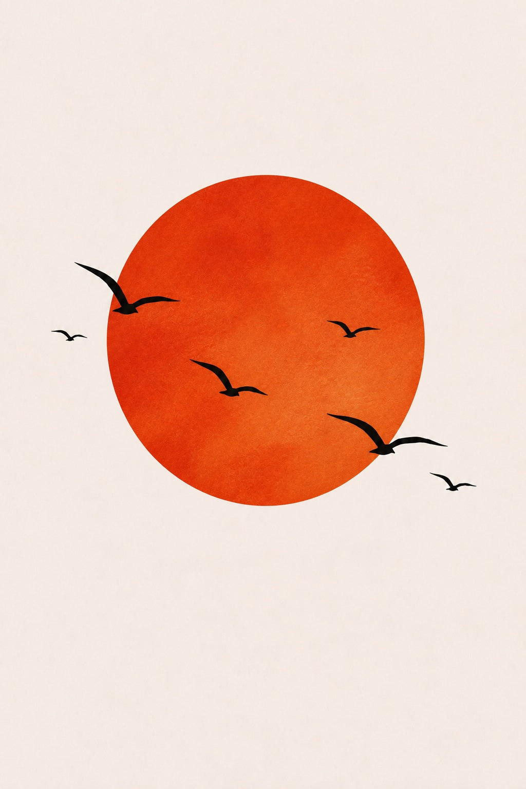 Minimalist sun wall art with orange circle and black birds on a light background