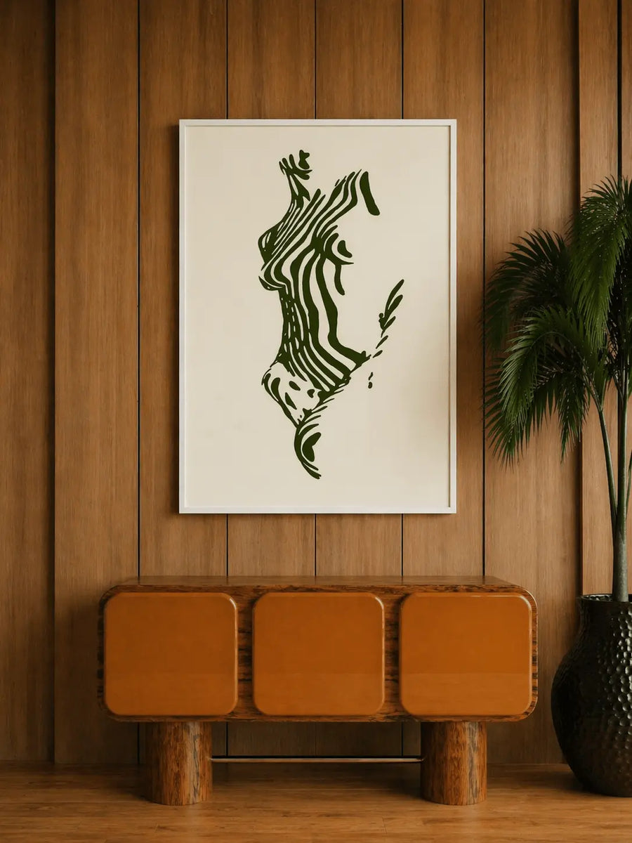 Framed art print, rostro en line art verde con detalles de hojas