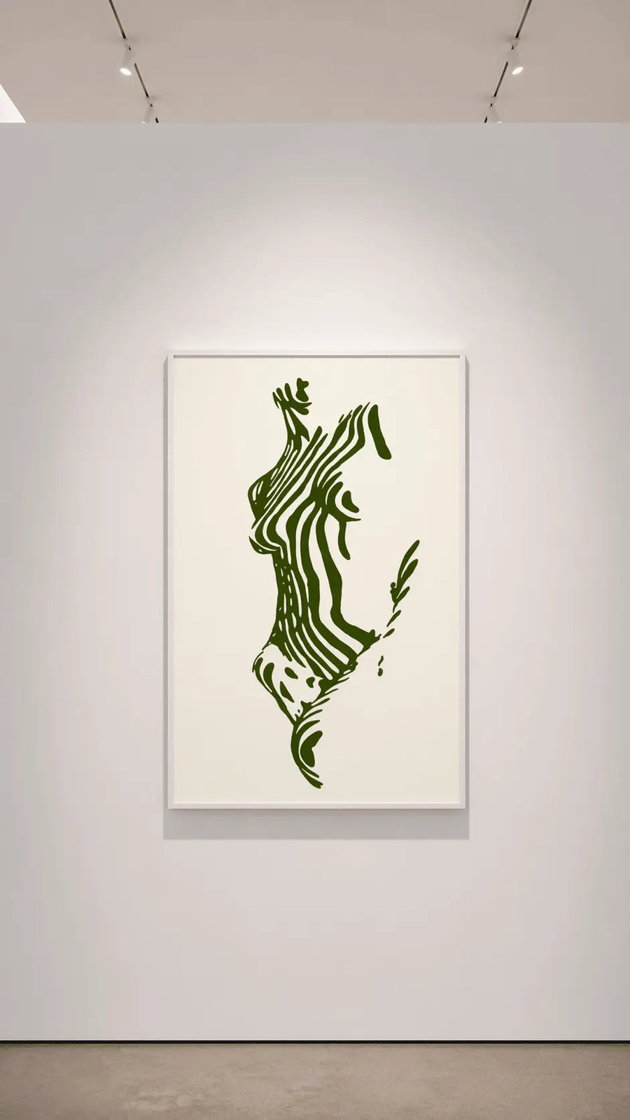 Lámina de arte enmarcada con rostro en arte lineal verde y detalles de hojas
