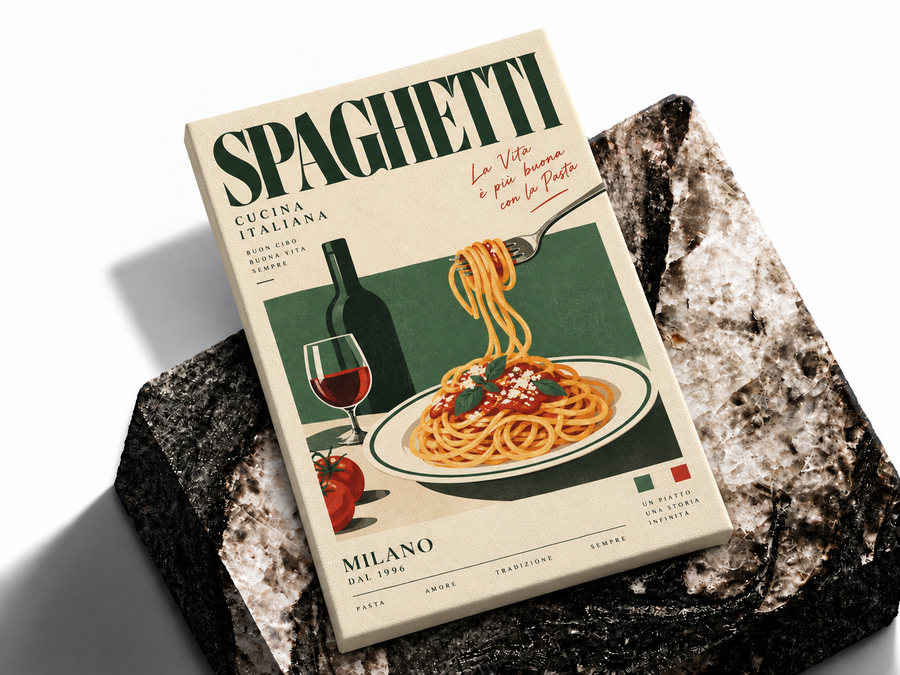 Spaghetti Milano Italian food poster shown as a premium art print mockup
