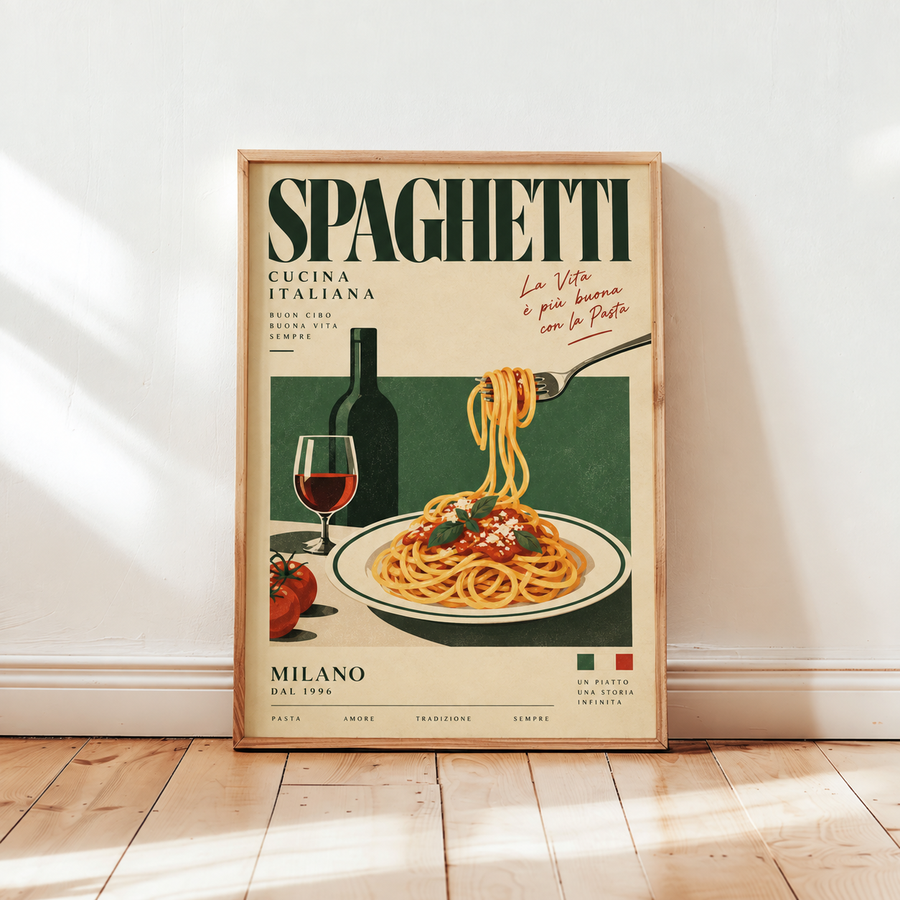 Spaghetti Milano Italian kitchen wall art displayed in a warm dining interior