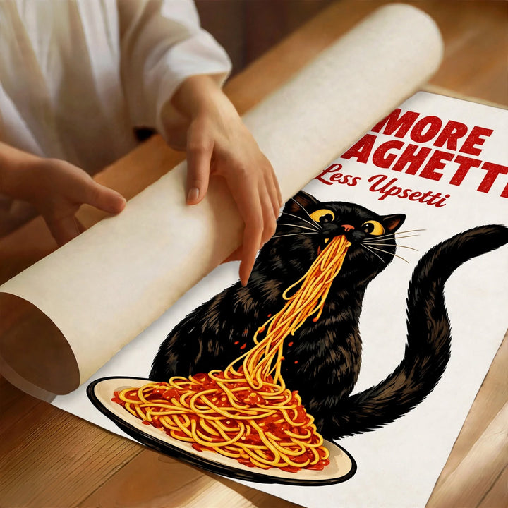 Spaghetti Upsetti Art Print shown as a rolled poster with playful pasta cat illustration and red lettering