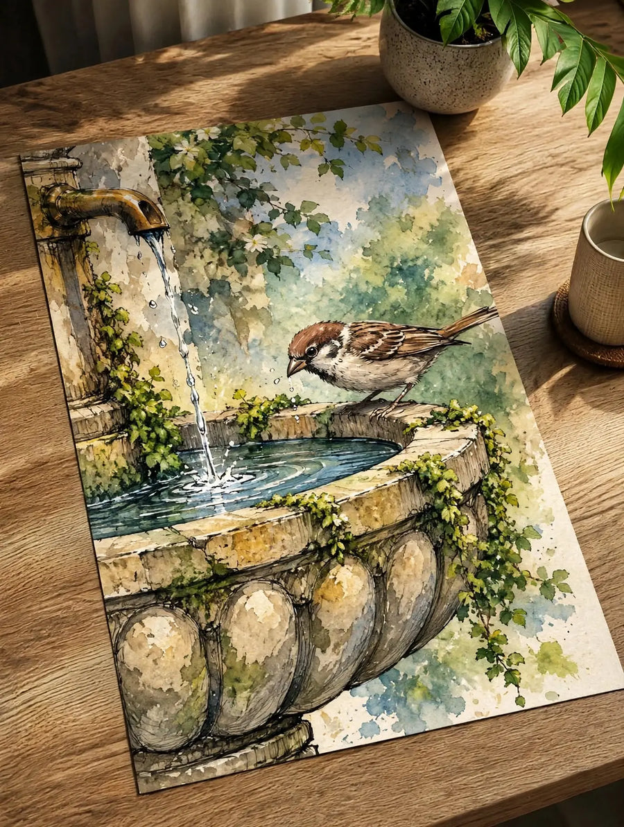Bird Fountain Watercolor Art Print featuring a brown sparrow perched beside an aged garden fountain surrounded by ivy