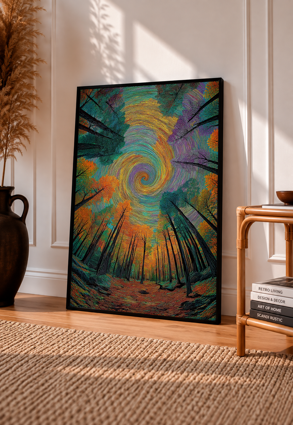 Spiral forest art print with colorful vortex sky and dark trees, black frame