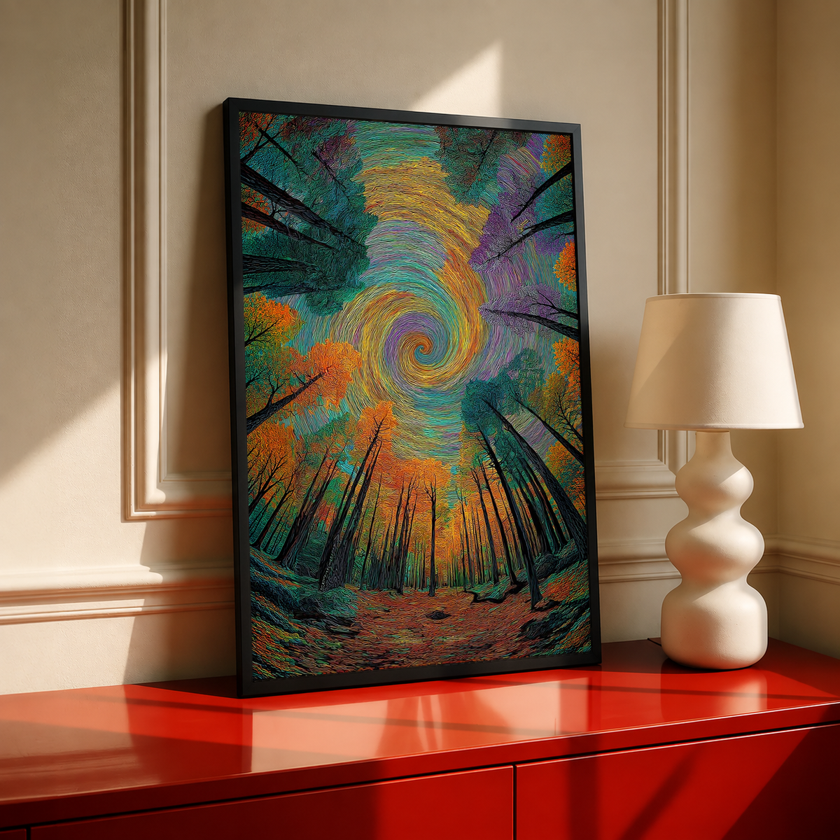 Spiral forest art print featuring a colorful swirling sky over dark tree silhouettes, black frame
