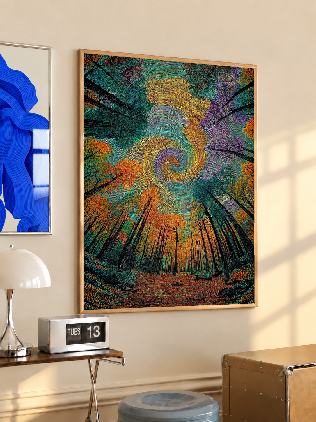Spiral forest art print with colorful spiral sky and dark trees, framed in black