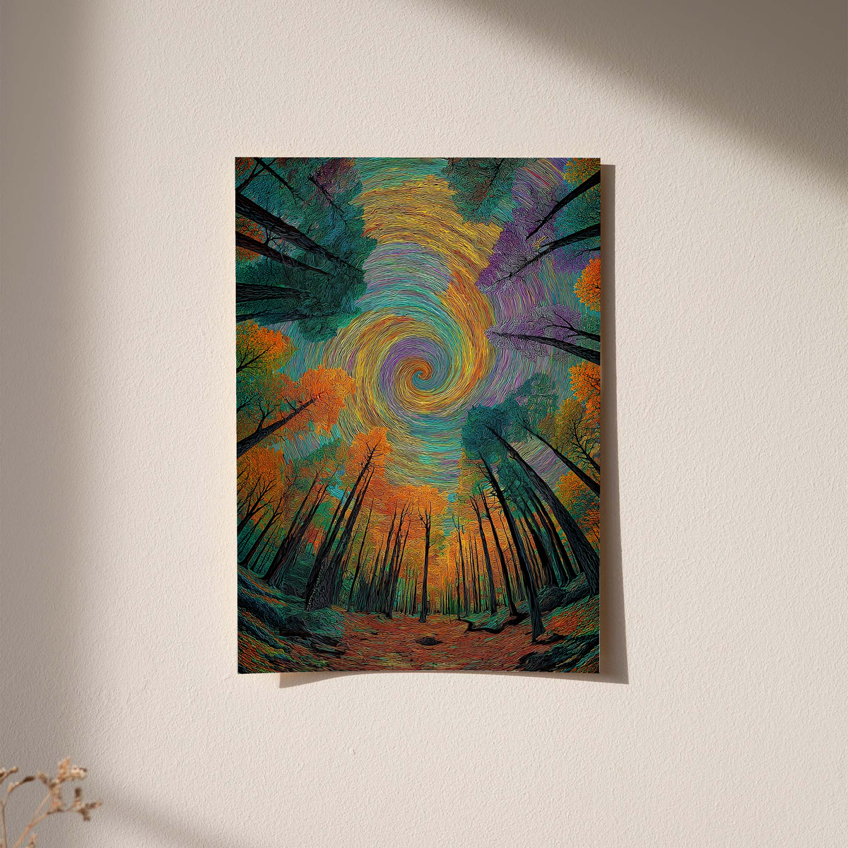 Spiral forest art print with colorful swirling sky over dark trees, in black frame