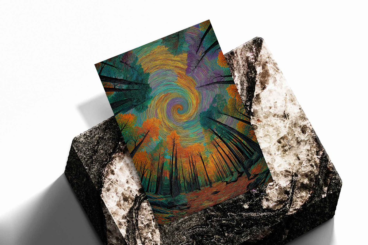 Spiral forest art print angled view, colorful swirling sky over dark trees