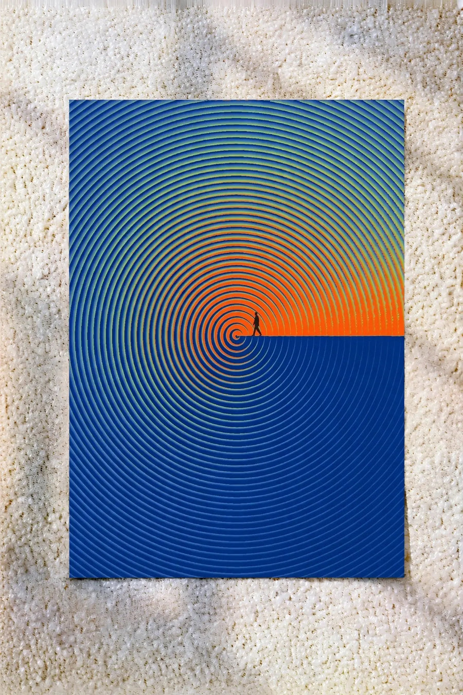 Abstract spiral horizon poster with blue and orange concentric circles