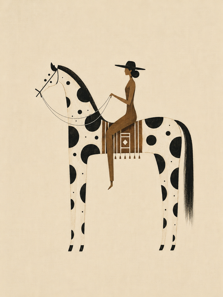Spotted Horse Rider Minimal Art Print featuring a stylized rider on a black and white spotted horse against a cream background
