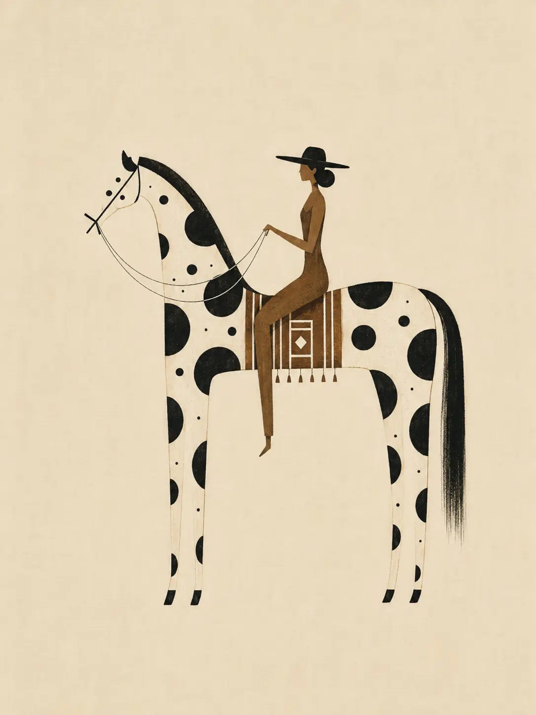 Minimal art print of spotted horse with rider, black-and-white illustration