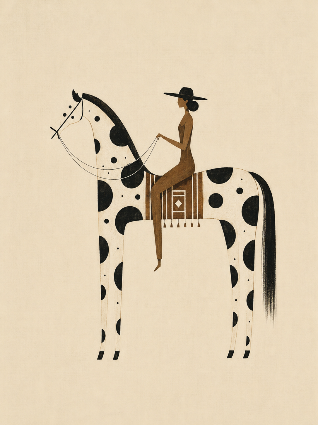 Minimal rider and spotted horse illustration on a cream background