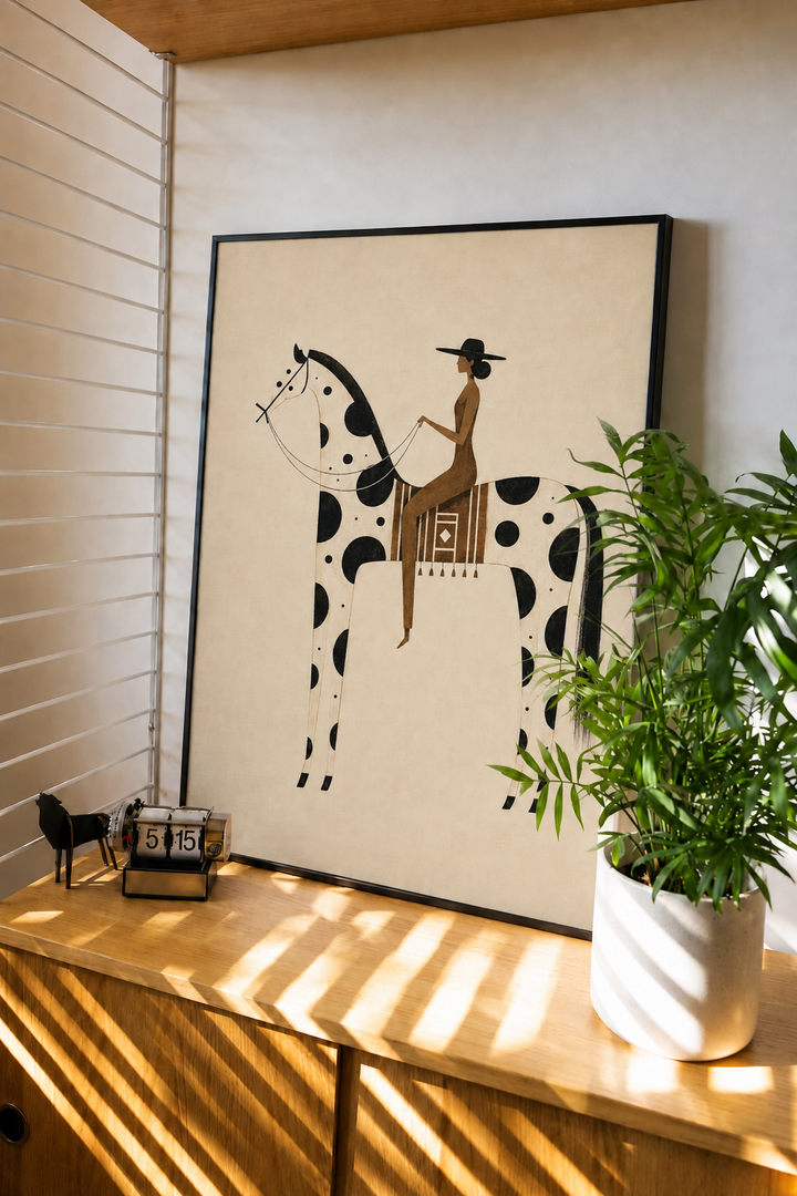 Spotted horse rider minimal art print displayed in a neutral interior