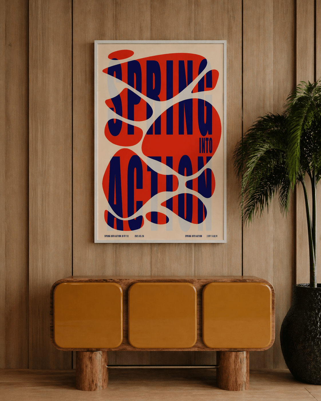 Stampa tipografica incorniciata in una cornice bianca con lettering rosso e blu in grassetto