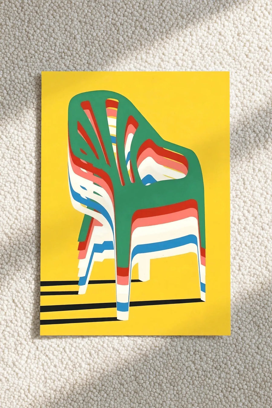 Wedding chair art print with green-and-red chairs on yellow background, flat poster