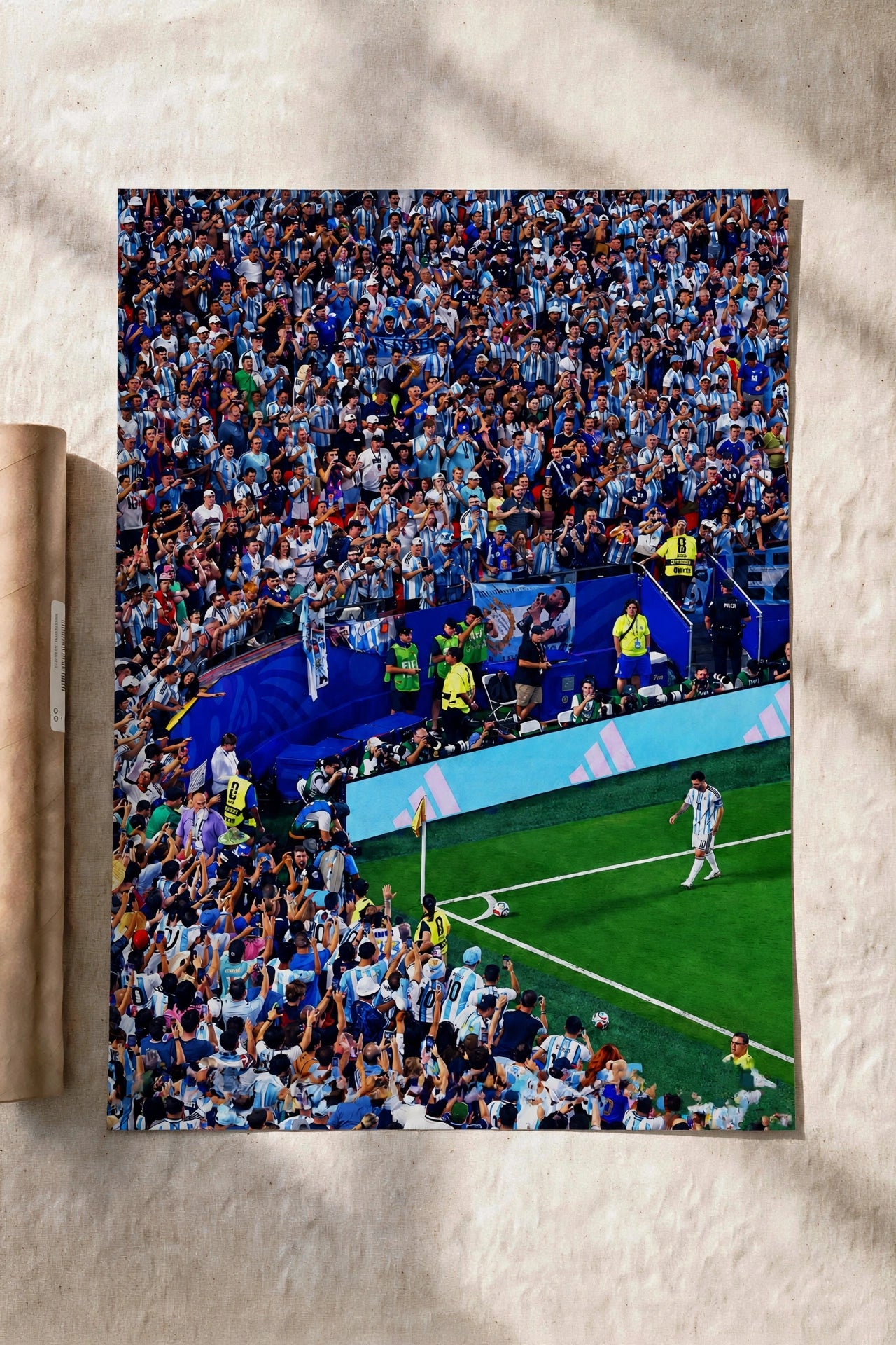 Sports crowd poster with blue stadium scene and soccer players on field