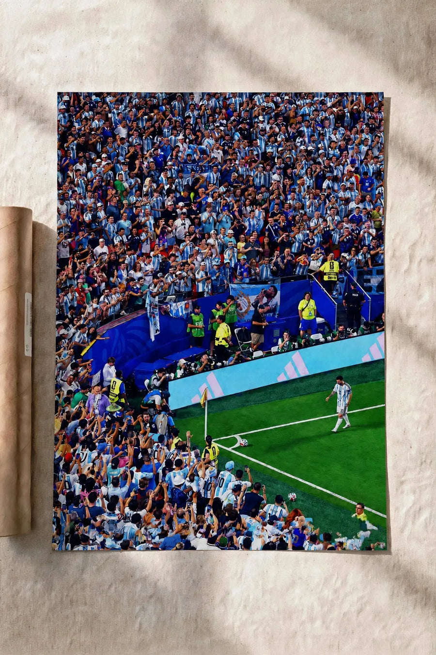 Sports crowd poster with blue stadium scene and soccer players on field