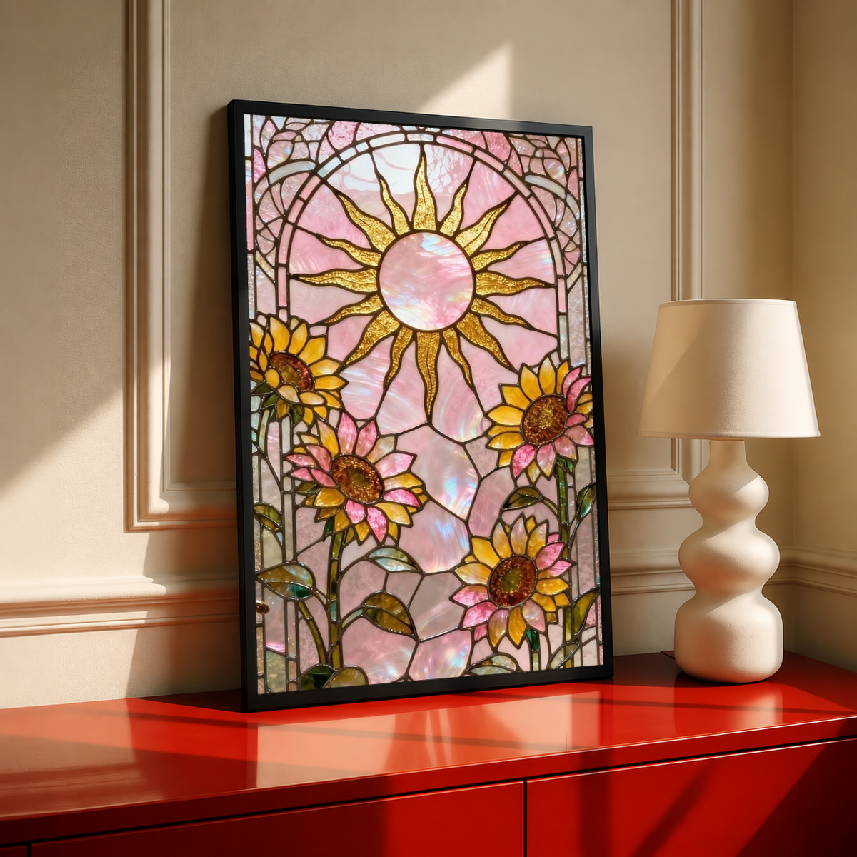 Sun disk and sunflower-like flowers in a black frame on a red cabinet beside a cream lamp