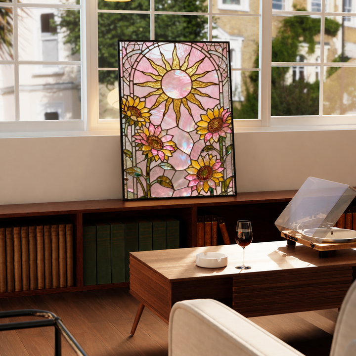 Sun disk and sunflower-like flowers in a black frame on a windowsill above a green radiator, with a turntable nearby